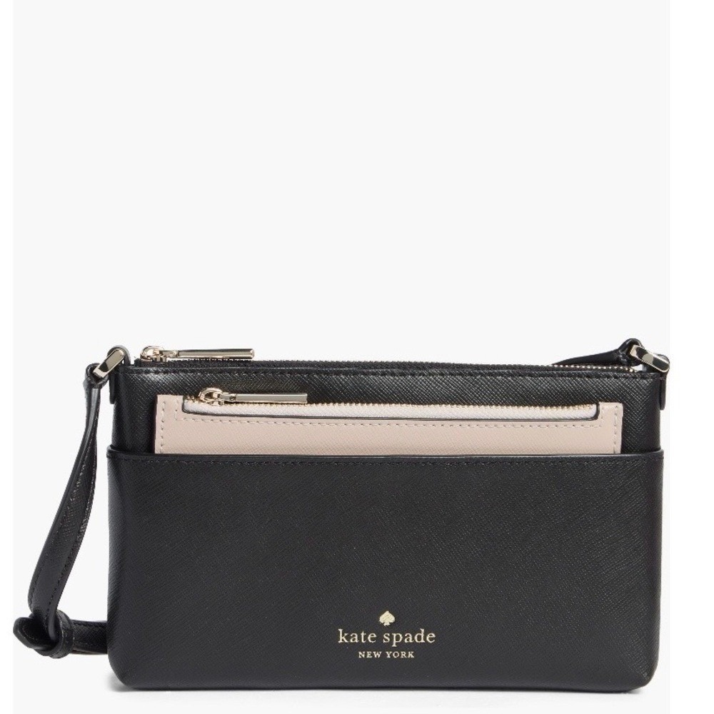 Kate Spade Textured Leather Crossbody Bag with Removable Pouch,‎ Black/Pink, NWT